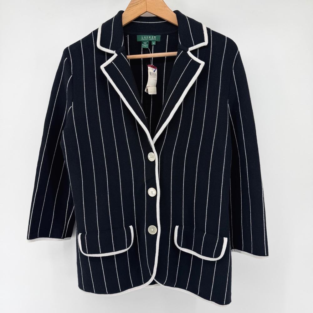 Lauren Ralph Lauren Navy White Pinstripe Knit Blazer Cardigan Jacket Womens M